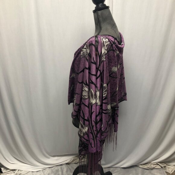 Purple Floral Fringe Poncho Shawl Wrap Scarf Silver Black Detailing - Picture 6 of 9